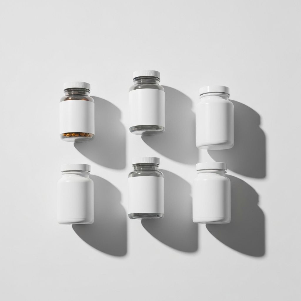 Bouteilles et pots de compléments génériques sur fond blanc