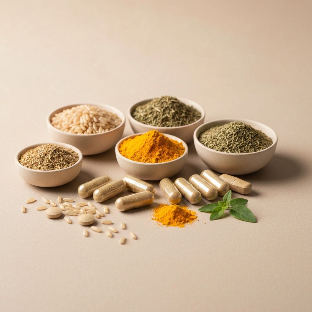 Gélules, comprimés et poudres de compléments arrangés artistiquement