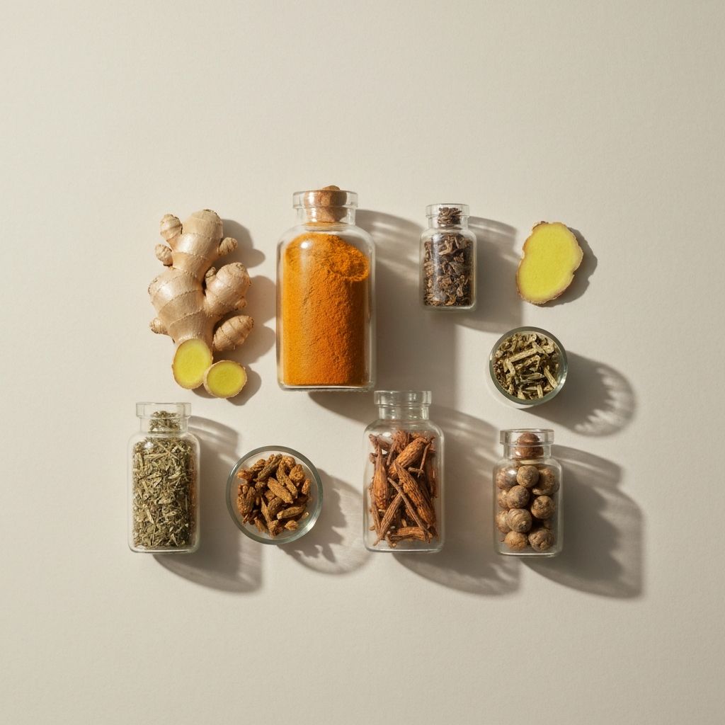 Ingrédients naturels avec bouteilles, racines et herbes séchées